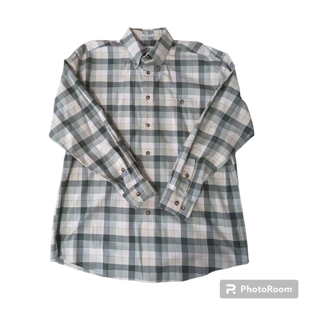 Orvis Button Front & Collar Long Sleeve Green Cream Plaid Shirt. Men's Large